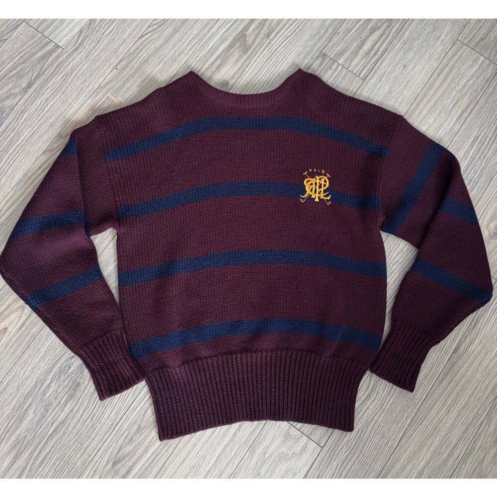 Vintage Polo Ralph Lauren 100% Wool Sweater Scribble Crest Logo Burgundy XL